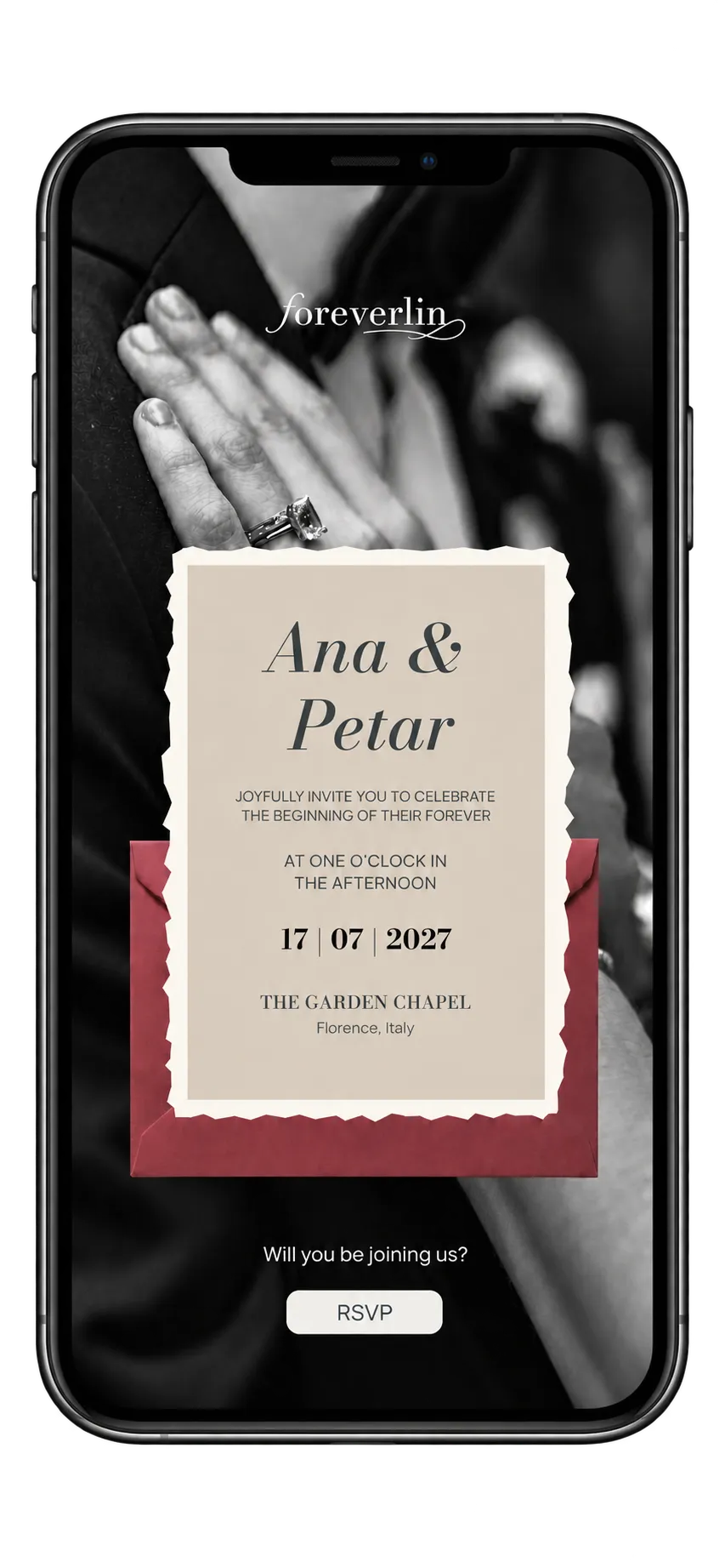 A Foreverlin digital invitation for Ana & Petar on a phone, with an RSVP button