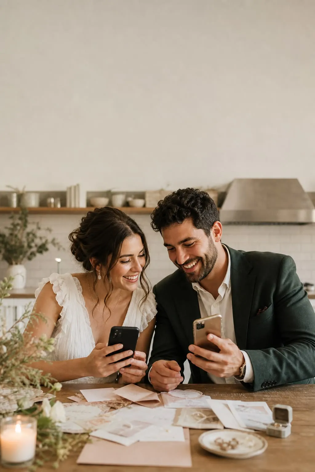 A smiling couple checking RSVPs on their phones at the kitchen table